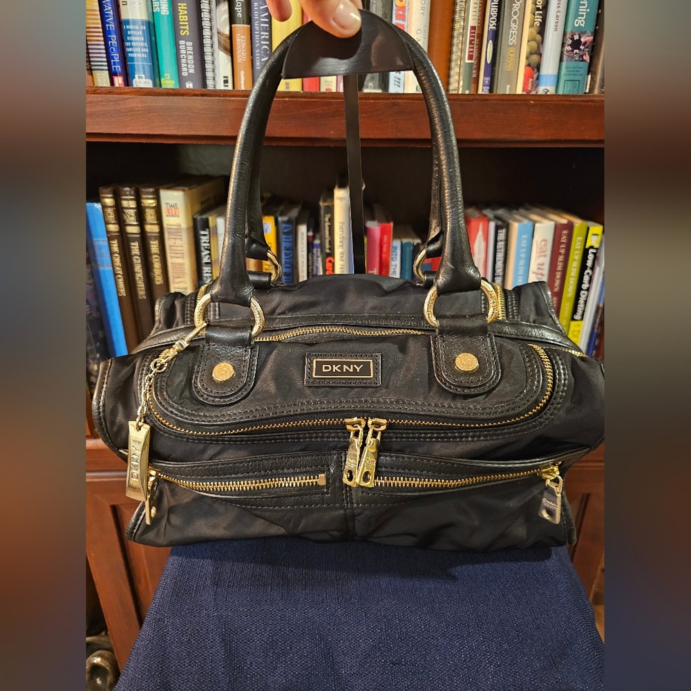 DKNY Black Nylon Leather Trim Satchel with Gold Accents - Picture 4 of 16